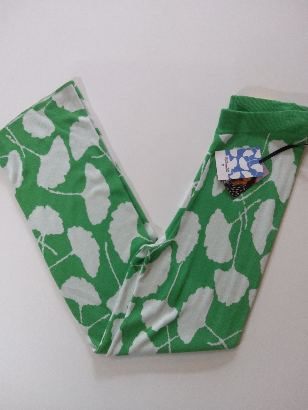NWT Diane Von Furstenberg Knit Pants Womens Medium Green White High Rise Wide Le